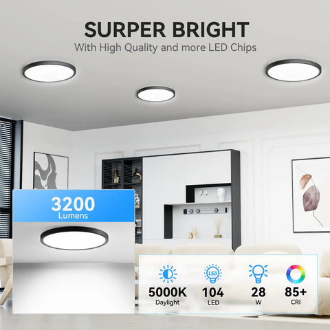 Ultra Slim 12 Inch LED Flush Mount Ceiling Light 3200lm 5000K Daylight White installed in a room, emphasizing brightness.