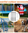 Beefy Heavy Duty Screw In Ground Anchors For Trampolines And Tents, 4 images showing trampolines, Santa, swings, and dog tied outdoors.