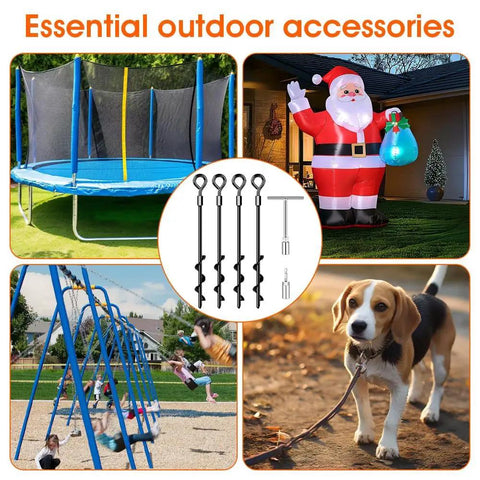 Beefy Heavy Duty Screw In Ground Anchors For Trampolines And Tents, 4 images showing trampolines, Santa, swings, and dog tied outdoors.