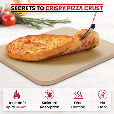 15 By 12 Inch Pizza Stone For Oven And Grill Cordierite Rectangular Baking Stone with pizza on top, showing even heating and crispy crust.