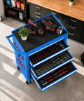 Gangster Tough Rolling Tool Chest With Seven Drawers Lockable Metal Tool Cart For Garage Setup features tools organized inside drawers.
