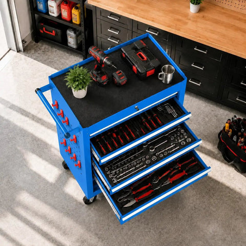 Gangster Tough Rolling Tool Chest With Seven Drawers Lockable Metal Tool Cart For Garage Setup features tools organized inside drawers.