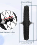 20 Inch Kids Bike Front Wheel Replacement With Solid Air Rubber Tire And Inner Tube, shown with measurements and axle.
