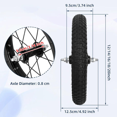 20 Inch Kids Bike Front Wheel Replacement With Solid Air Rubber Tire And Inner Tube, shown with measurements and axle.