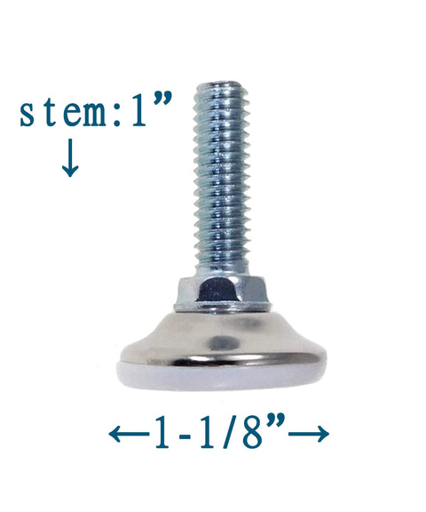 Heavy Duty Adjustable Table Legs And Furniture Glides Kill The Wobble Quick With Non Swivel Nylon Pads No Sweat Hex Setup 5/16 Thread 4 Pack Bulletproof Chair Feet Levelers close-up image of 1-inch stem and 1-1/8-inch base.