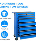 Rock Solid Rolling Tool Chest With Seven Smooth Ball Bearing Drawers And Heavy Duty Swivel Casters Built To Handle The Everyday Grind For Zero Sweat Garage Organization In Deep Blue with seven drawers.