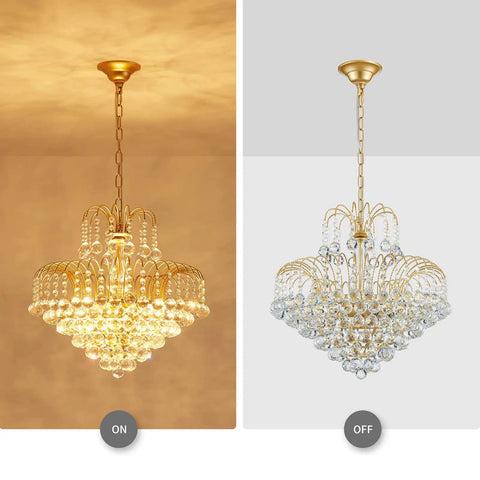 Dope Crystal Chandelier Pendant Flush Mount Light With Gold Finish For Bedroom Hallway Bar Kitchen Bathroom, lit and unlit view.