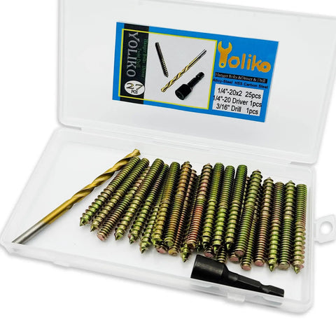 25 Pack 1/4-20 X 2 Inch Hanger Bolts With Rust Proof Zinc Finish Includes Steel Driver And HSS Drill Bit in storage box.