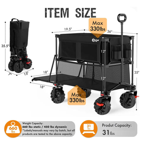 Heavy Duty Collapsible Double Decker Wagon With Brakes 660 Pound Capacity 400 Liter All Terrain Wagon Cart With 54 Inch Extender
