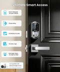 Smart Deadbolt Lock With Dual Lever Handles And Smartphone App Keyless Entry Door Lock featuring LED indicators on a stylish black door.
