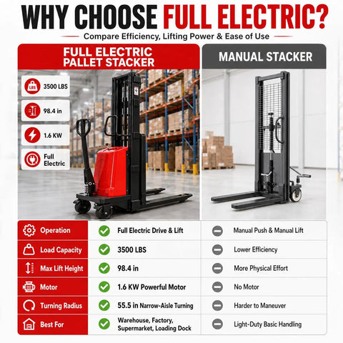 Heavy Duty Carbon Steel Semi Electric Pallet Stacker With 1.6KW Motor And 3500 Lb Capacity for warehouses, showing full electric features.
