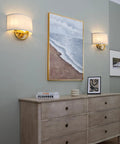 Linen Boho Aged Brass Wall Sconce With Two Light Indoor Vanity Lamp Dope Vintage Metal Base And Semicircle Shade in bedroom