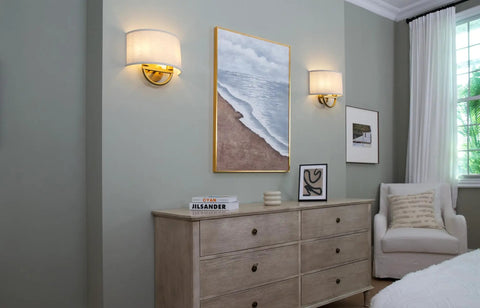 Linen Boho Aged Brass Wall Sconce With Two Light Indoor Vanity Lamp Dope Vintage Metal Base And Semicircle Shade in bedroom