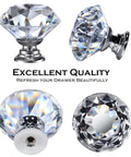 26 Pack Crystal Clear Glass Cabinet Knobs Diamond Cut Drawer Pulls One And A Quarter Inch Diamond, Three Quarter Inch Base, One And A Quarter Inch High With M4 Bolts For Kitchen Bathroom Dresser Cupboard Slick Chrome Accent shown at various angles