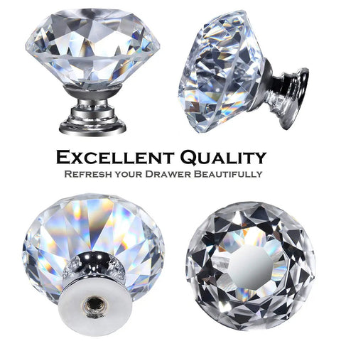 26 Pack Crystal Clear Glass Cabinet Knobs Diamond Cut Drawer Pulls One And A Quarter Inch Diamond, Three Quarter Inch Base, One And A Quarter Inch High With M4 Bolts For Kitchen Bathroom Dresser Cupboard Slick Chrome Accent shown at various angles