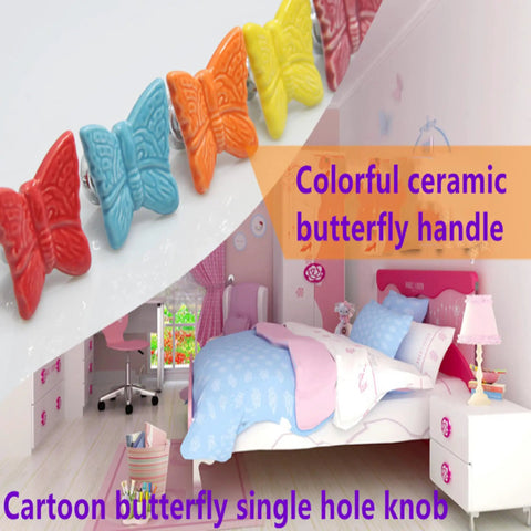Colorful ceramic butterfly cabinet knobs in child's bedroom decor