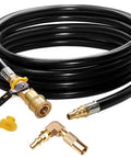 Twelve Foot RV Propane Quick Connect Hose with elbow fitting for Blackstone 17 and 22 inch tabletop griddle, includes safety shutoff valve.