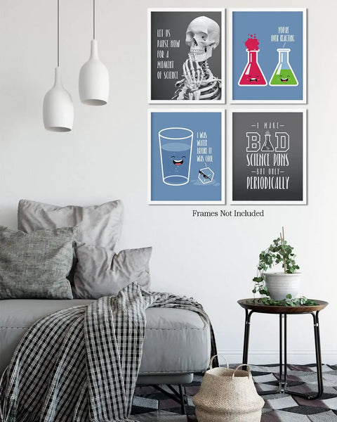 Science Pun Room Decor Set Of 4 Nerdy Lab Wall Art Prints 8x10 Unframed For Science Lovers Teachers And Students displayed in living room