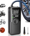 Cordless Tire Inflator Portable Air Compressor with Digital Dual Screen Pressure Gauge near car tire, works for motorcycles, bicycles & sports balls.