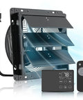 Upgraded 10 Inch Shutter Exhaust Fan With Thermostat And Remote, Automatic Temperature Activated On Off, Killer 890 CFM Wall Mounted Garage Fan For Attics, Greenhouses, Sheds, Chicken Coops And Shops, shown with black metal blades and control panel.