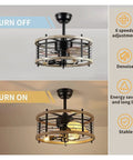 Industrial Farmhouse Ceiling Fan With Smooth Wood Blades Built In Light Wireless Remote Vintage Cage Design from above, showing ON and OFF features.