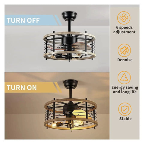 Industrial Farmhouse Ceiling Fan With Smooth Wood Blades Built In Light Wireless Remote Vintage Cage Design from above, showing ON and OFF features.
