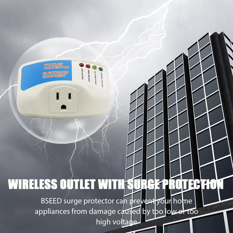 Automatic Induction Surge Protector For Home Use, Single Outlet Power Guard with LEDs displayed against a building with lightning.