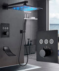 Top Tier Matte Black Shower System Combo With Killer Led Rainfall Head And Easy Grab Handheld Wand, Wall Mounted Bathroom Faucet Set With waterfall tub spout.