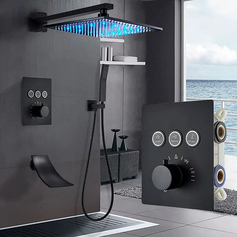 Top Tier Matte Black Shower System Combo With Killer Led Rainfall Head And Easy Grab Handheld Wand, Wall Mounted Bathroom Faucet Set With waterfall tub spout.