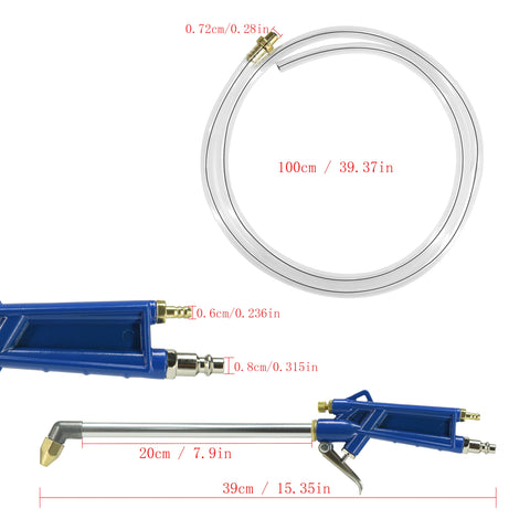 Ergonomic Pneumatic Air Blow Gun With 40 Inch Hose for Engine Cleaning and Degreaser Sprayer, blue gun with hose measurements visible