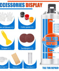 Image of All In One Ceramic Tile Repair Kit For Chips Cracks Scratches Dents And Holes On Ceramic Porcelain Tub Fiberglass Quartz Marble And More Easy Filler To Repair Dents And Cracks Fast, includes gloves, color paste, scraper, sandpaper, silicone cups, stirrers, and push rod.
