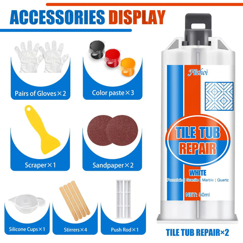 Image of All In One Ceramic Tile Repair Kit For Chips Cracks Scratches Dents And Holes On Ceramic Porcelain Tub Fiberglass Quartz Marble And More Easy Filler To Repair Dents And Cracks Fast, includes gloves, color paste, scraper, sandpaper, silicone cups, stirrers, and push rod.