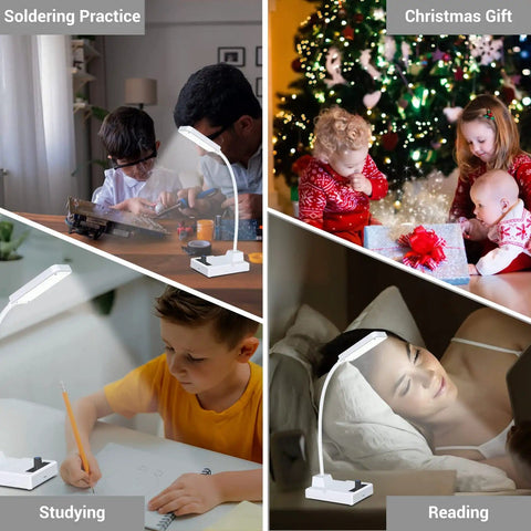 Collage showing DIY Soldering Practice Kit To Build Your Own LED Desk Lamp, Rechargeable Gooseneck Light With Adjustable Brightness in use