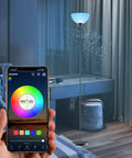 Smart RGB Floor Lamp With WiFi And App Control in living room near table, shown with app interface on smartphone