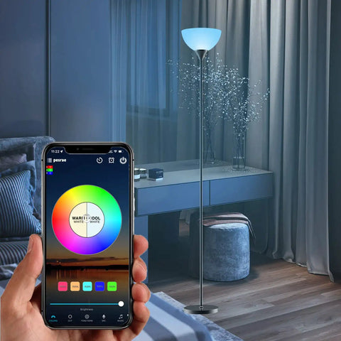 Smart RGB Floor Lamp With WiFi And App Control in living room near table, shown with app interface on smartphone