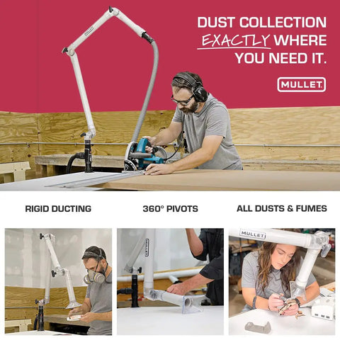 Third Hand Dust Collection Boom Arm for Workbench Mount with On Demand Fume Extraction and Snag Free Hose Drops in use for sanding.