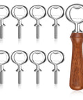 Eight stainless steel bottle opener inserts with threaded stems and a wooden-handled opener (front view)