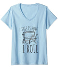 Top Shelf Dope Womens V Neck Tshirt Featuring Tuk Tuk Rickshaw Graphic Italian Scooter Design Asia Travel Auto Driver Apparel Ultra Comfortable Chill Summer Tee in light blue with fun print.