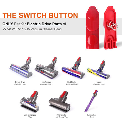 Dyson Pro Grade Wand Extension Tool And Cleaner Head Clip Latch Button Replacement For V7 V8 V10 V11 V15 Vacuum Cleaners, shown with switch button and various cleaner heads