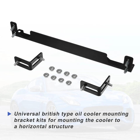 Universal Oil Cooler Mounting Bracket Kit For 330mm Aluminum Alloy Engine Oil Cooler Radiator Adapter Kit And Black Transmission Oil Cooler Bracket For No Fuss Vibration Dampening And Rock Solid Fit, showing components on white background.
