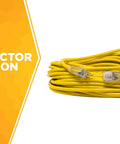 Coiled 12-Gauge Extra Heavy Duty 100 Ft Outdoor Extension Cord With Cord Clip Yellow 3 Prong SJTW Water Resistant Vinyl Jacket