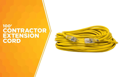 Coiled 12-Gauge Extra Heavy Duty 100 Ft Outdoor Extension Cord With Cord Clip Yellow 3 Prong SJTW Water Resistant Vinyl Jacket