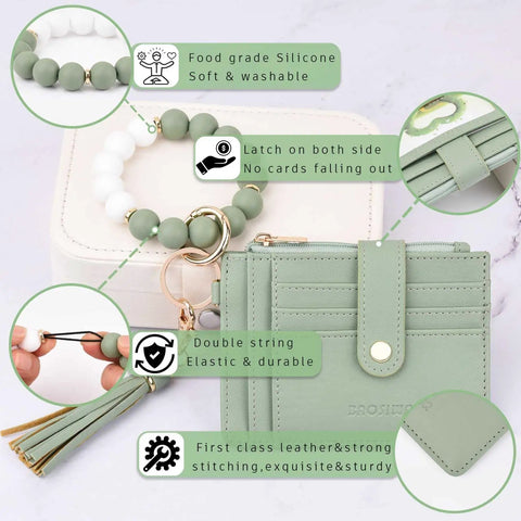 Green Wristlet Wallet For Women With RFID Blocking Card Holder Zipper Coin Pocket ID Window Detachable Slim Card Case Small Keychain Wallet On Silicone Beaded Bracelet Carabiner And Tassel For On The Go