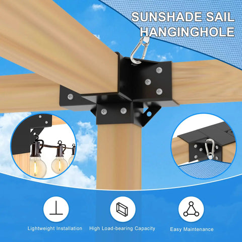 Heavy Duty 4x4 Pergola Bracket Kit With 4 Way Right Angle Elevated Wood Stand, black steel bracket with sunshade hanging hole view