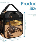 Desert Scorpion Eclipse Insulated Lunch Box with scorpion print and dimensions, showing zippered front pocket and mesh side pocket.
