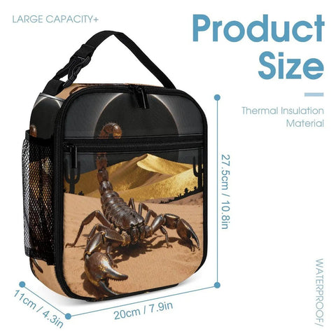 Desert Scorpion Eclipse Insulated Lunch Box with scorpion print and dimensions, showing zippered front pocket and mesh side pocket.