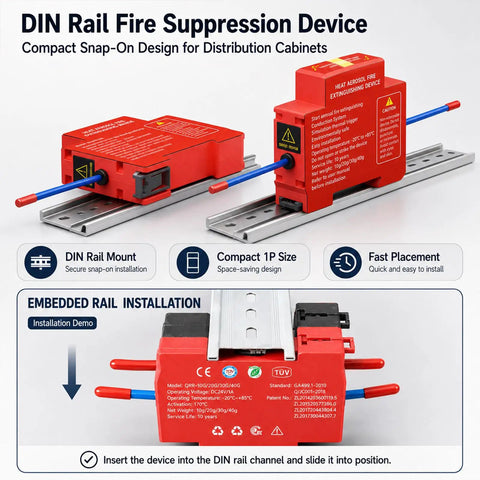 10 Pack Temp Triggered Fire Extinguishers Dual Din Rail Mount Heat Aerosol Auto Flame Suppressors Quick Draw installation demo on rail.