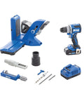 Top Shelf Pocket Hole Jig 720 Pro With Killer 20 Volt Cordless Drill Driver Combo Kit, blue automated jig and driver set.