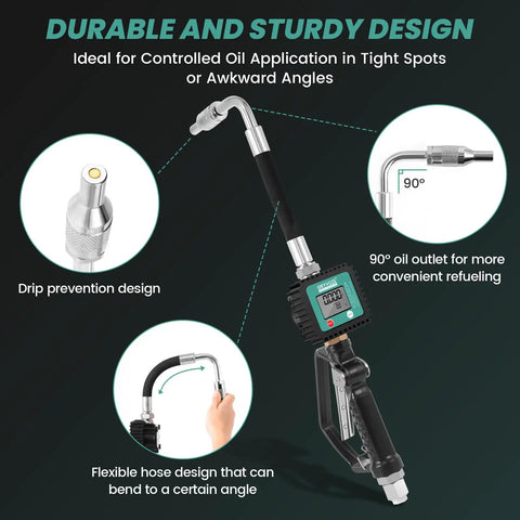 Digital Oil Control Valve Flow Meter Dispenser Nozzle with flexible hose and 90-degree outlet for pro-grade oil gun use