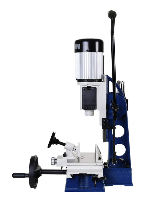 Side view of Pro Grade Benchtop X Y Mortiser with Sliding Axis Table and Half HP 1750 RPM Motor for precise mortises in wood